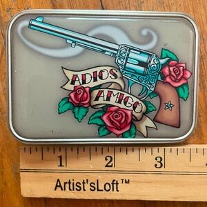 Retro A-go-go "Adios Amigo" tattoo style design belt buckle